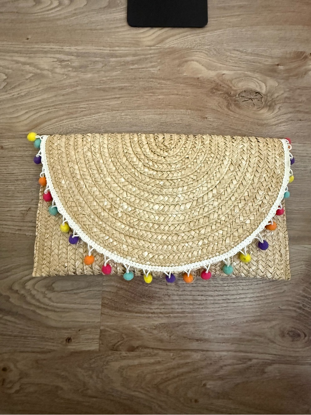 Woven Straw Pom-Pom Clutch - Natural with Multicolor Accents
